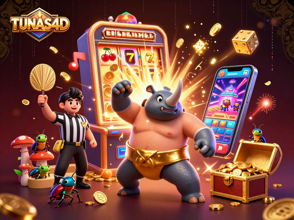 TUNAS4D showcases a dynamic 3D scene with a rhinoceros beetle champion amidst jackpot slot excitement.