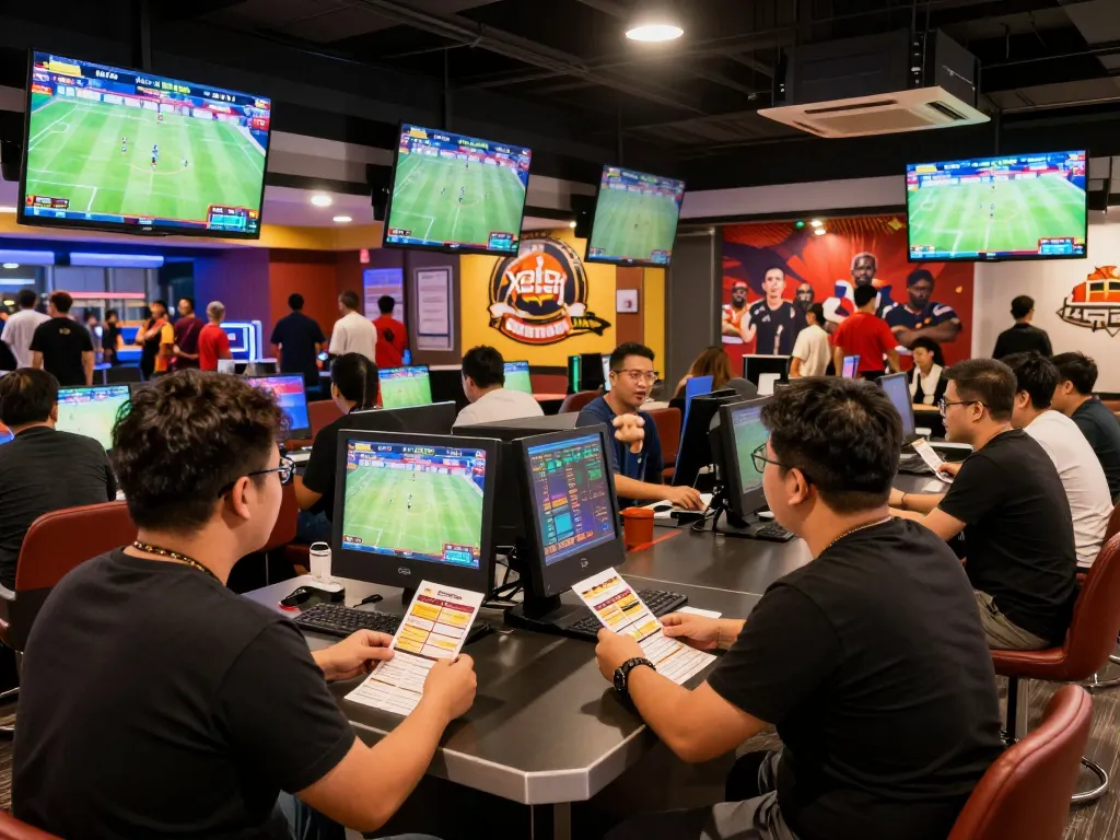 Xoilac sports betting enthusiasts engaged in lively bets during crucial matches in a modern lounge atmosphere.