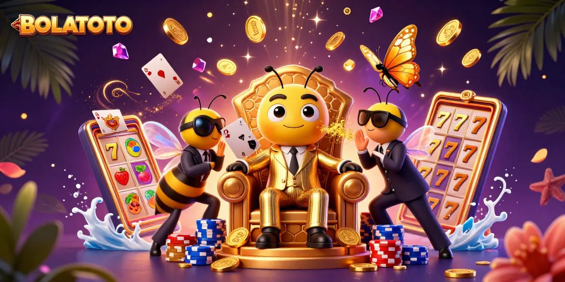 BOLATOTO menampilkan boss lebah kartun 3D di ruang tahta, dikelilingi simbol slot dan poker dalam aksi.