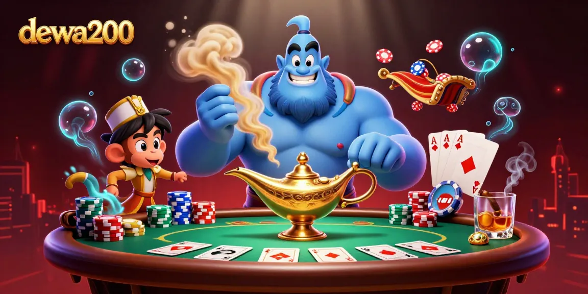 Menghadirkan dewa200, ilustrasi kasino kartun 3D yang penuh warna dan detail memukau dengan elemen permainan seperti meja poker dan tumpukan chip.