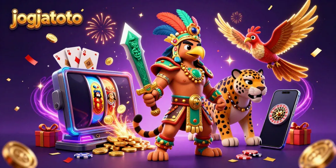 Win big with jogjatoto in this vibrant 3D casino scene featuring Aztec warriors and slot elements.