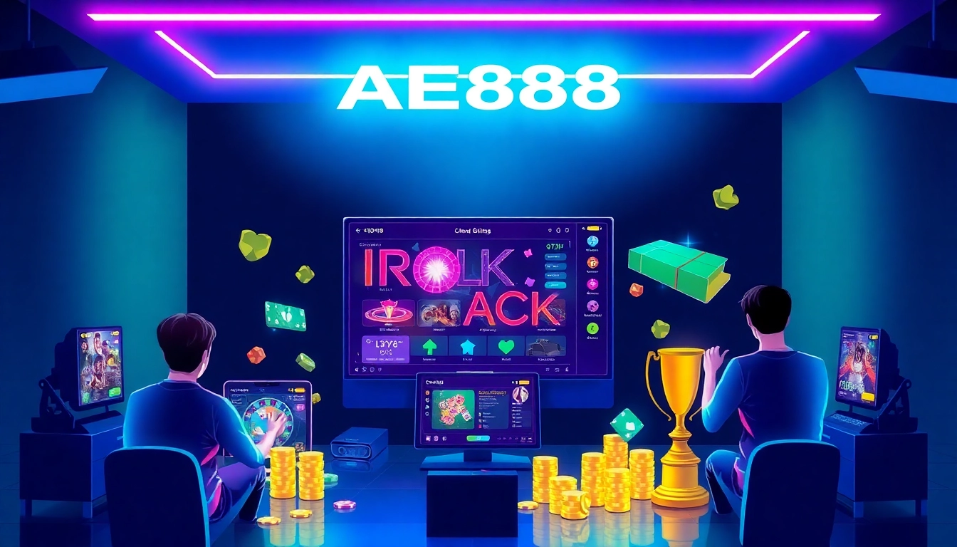 Cổng game AE888 in a modern online gaming setup showcasing vibrant colors and user engagement.