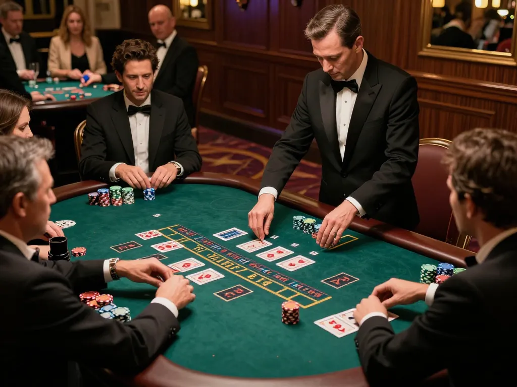 Engaged players strategizing at 98win high-stakes blackjack table in elegant casino setting