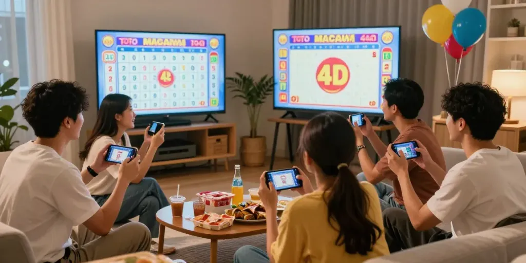 Menonton hasil pengeluaran Toto Macau 4D dengan suasana ceria di ruang tamu yang nyaman.