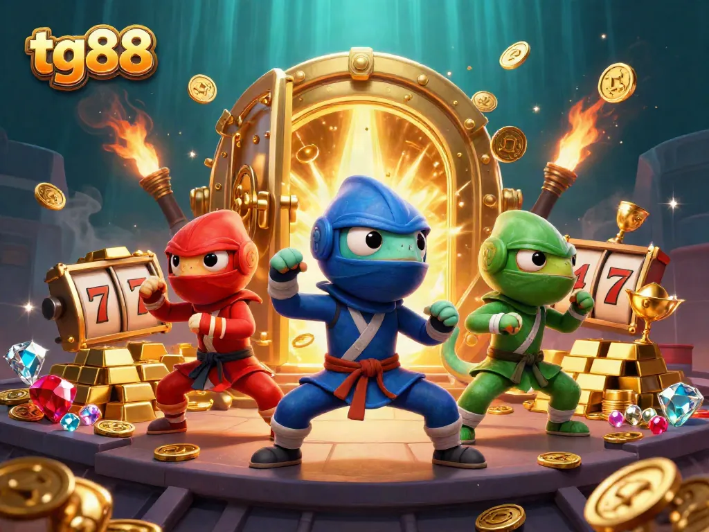 Spin the reels with tg88's enthralling 3D ninja chameleons in a vibrant casino scene.
