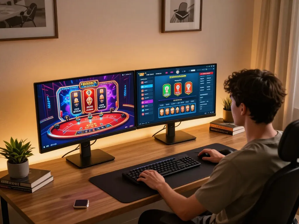 Engaging gameplay experience on trang chủ 33win with vibrant online casino graphics in a cozy home office.