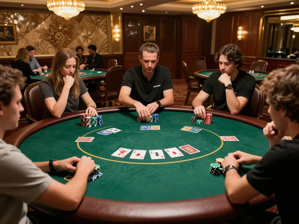 Active poker game scene showcasing strategy and tension, emphasizing sure win tactics in luxurious casino setting.