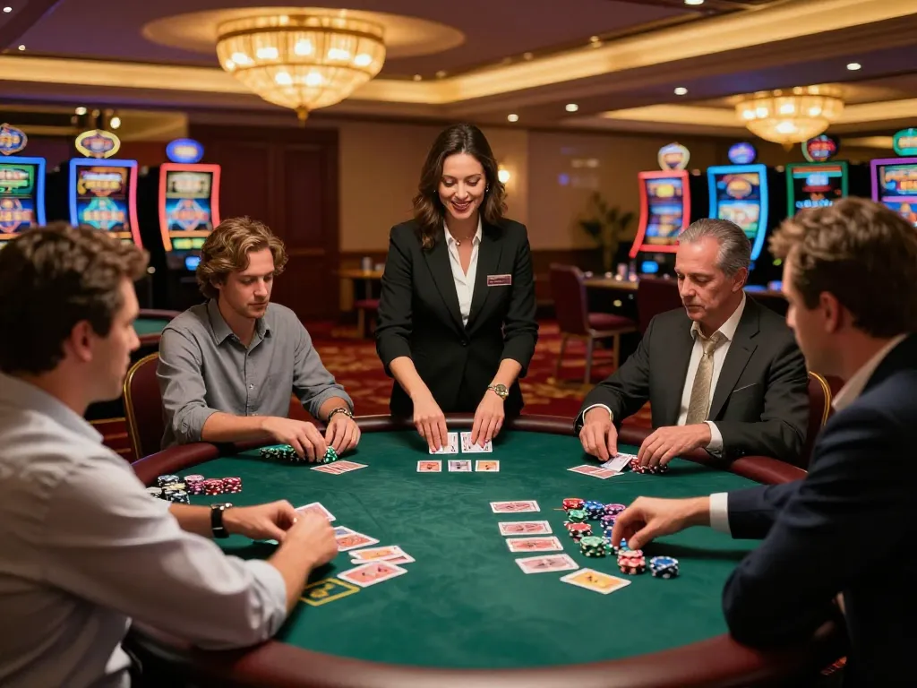 Players strategizing at a blackjack table in the vibrant casino 566, showcasing dynamic gaming action and luxury decor.