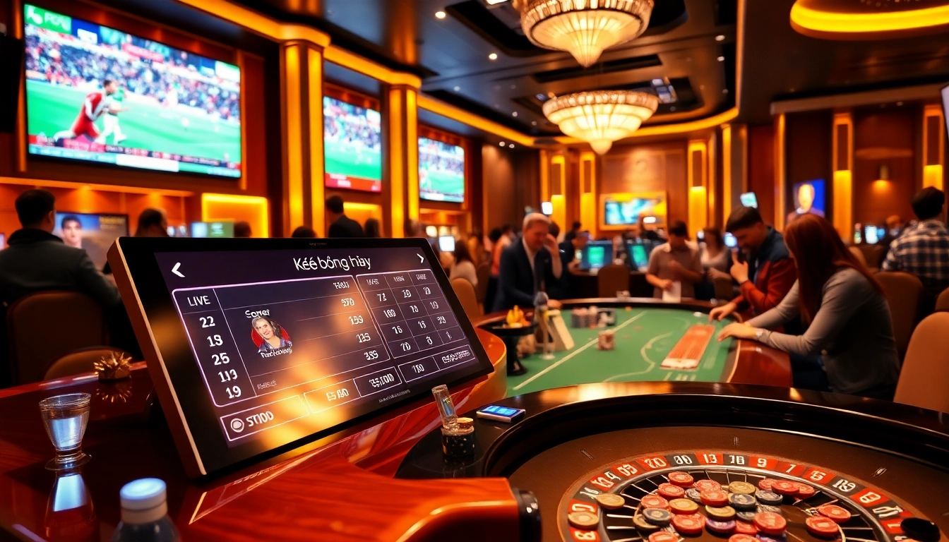 Betting slips and chips on a lively casino floor featuring kèo bóng đá hôm nay betting odds.