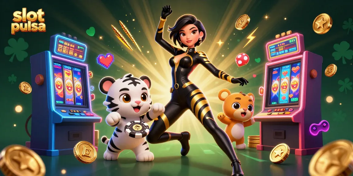 Experience thrilling slot pulsa action with a captivating woman and playful tiger, set in a vibrant casino scene.