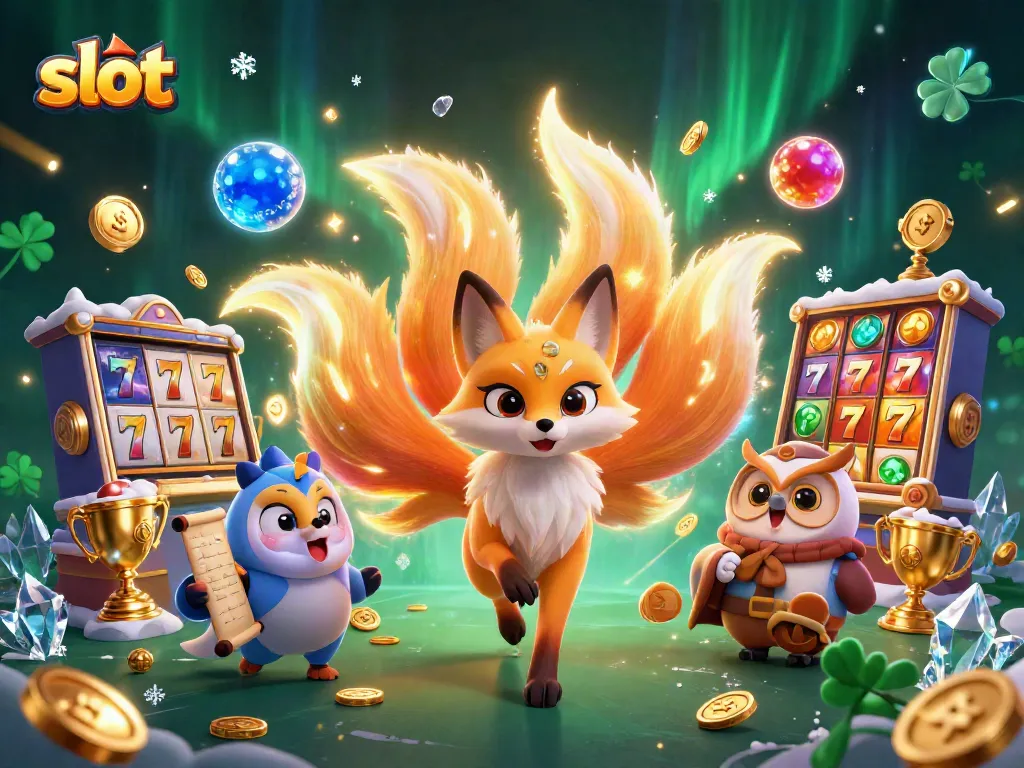 Slot menarik dengan simbol jackpot dan karakter berwarna-warni yang bersinar, dikelilingi oleh elemen slot lainnya.