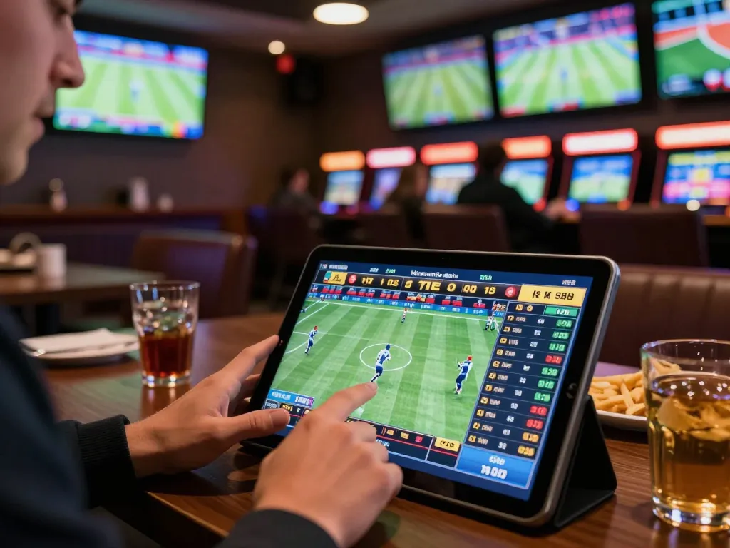 VA88 sports bettor analyzing live odds on tablet in vibrant sportsbook setting