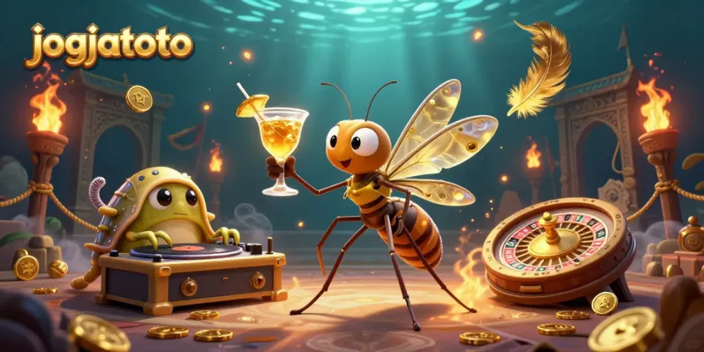 Experience winning with jogjatoto's dynamic casino scene featuring a playful mosquito mascot.