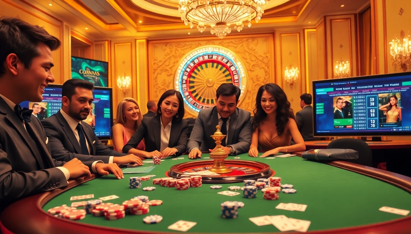 Players enjoying a thrilling game at the luxurious LC88 casino with vibrant poker chips and cards.