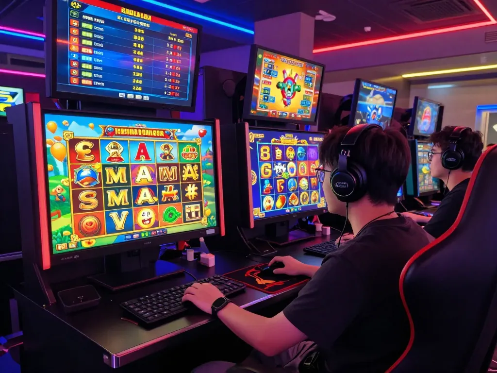 Exciting gaming atmosphere featuring vegasslot77.com, showcasing a player engaged in vibrant slot games with colorful graphics and neon lights.
