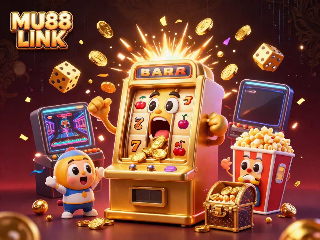 Experience the excitement of MU88 LINK with a vibrant scene of jubilant slot machines and golden coins cascading from a jackpot.