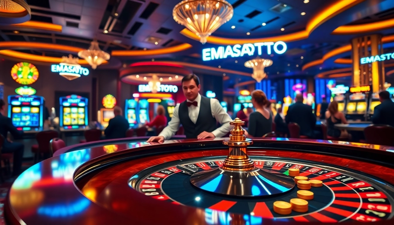 Pemain menikmati putaran roulette di kasino yang elegan yang menampilkan kata kunci emastoto.