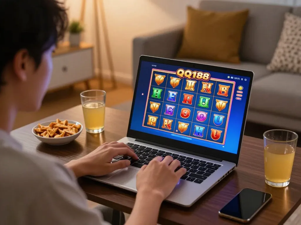 Pemain yang terlibat memutar QQ188 Slot di laptop dikelilingi oleh suasana rumah yang nyaman dengan camilan.