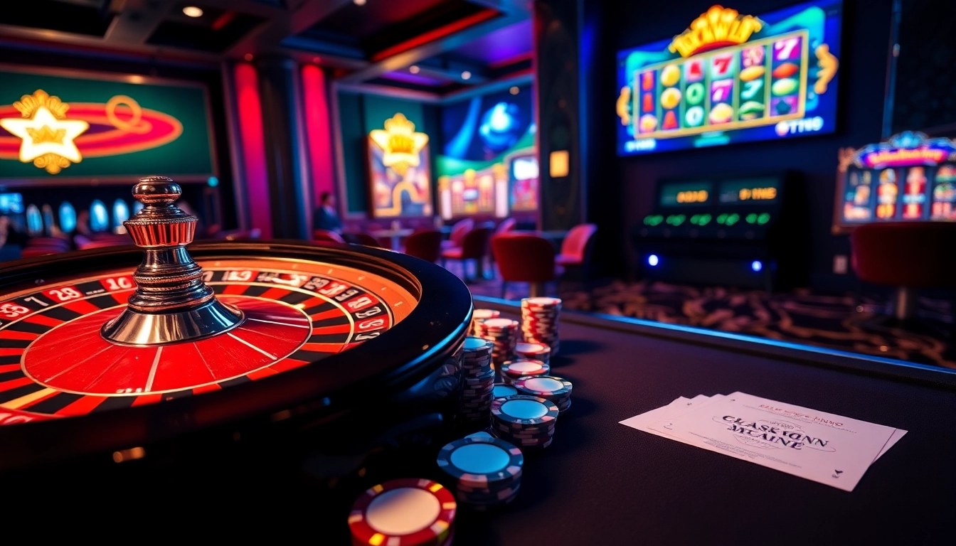 A thrilling gambling experience at Luckywin, featuring poker chips, a roulette wheel, and vibrant casino visuals.