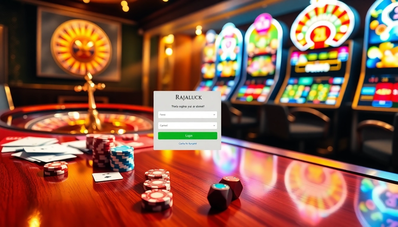 Engaging Rajaluck Login page interface surrounded by classic casino elements for an immersive experience.