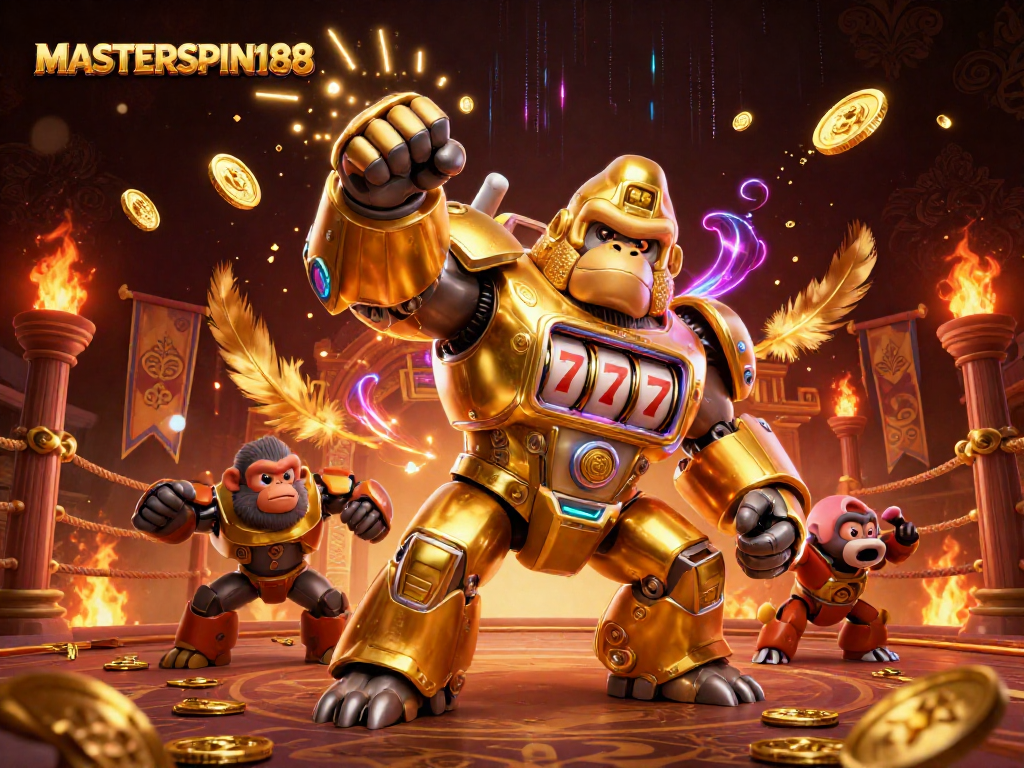 Engage with MASTERSPIN188 at the exciting casino battleground featuring a golden gorilla mech and dynamic elements.