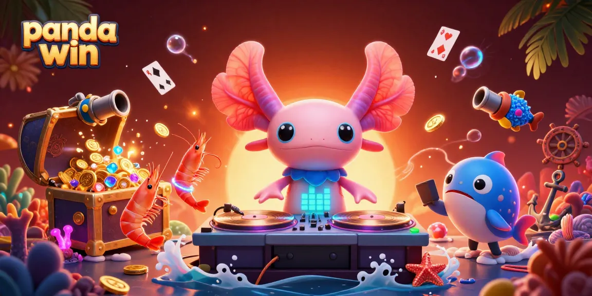 Immerse in the panda win casino vibe with a neon axolotl DJ amidst gold coins and vibrant gaming elements.