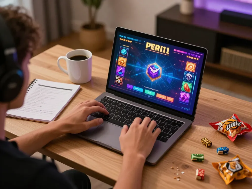 Engaging in PERI11 online gaming from a cozy home setup with colorful game graphics.