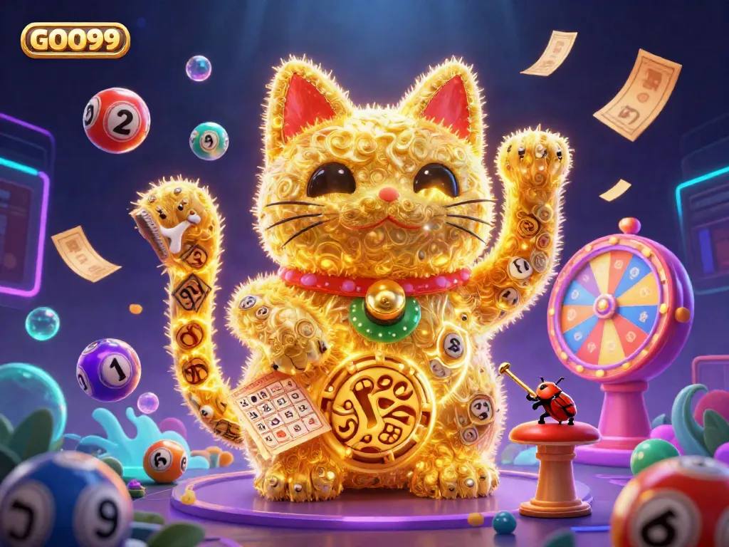 Interact with the dynamic world of GOO99, featuring a golden lucky cat amidst lively casino elements.