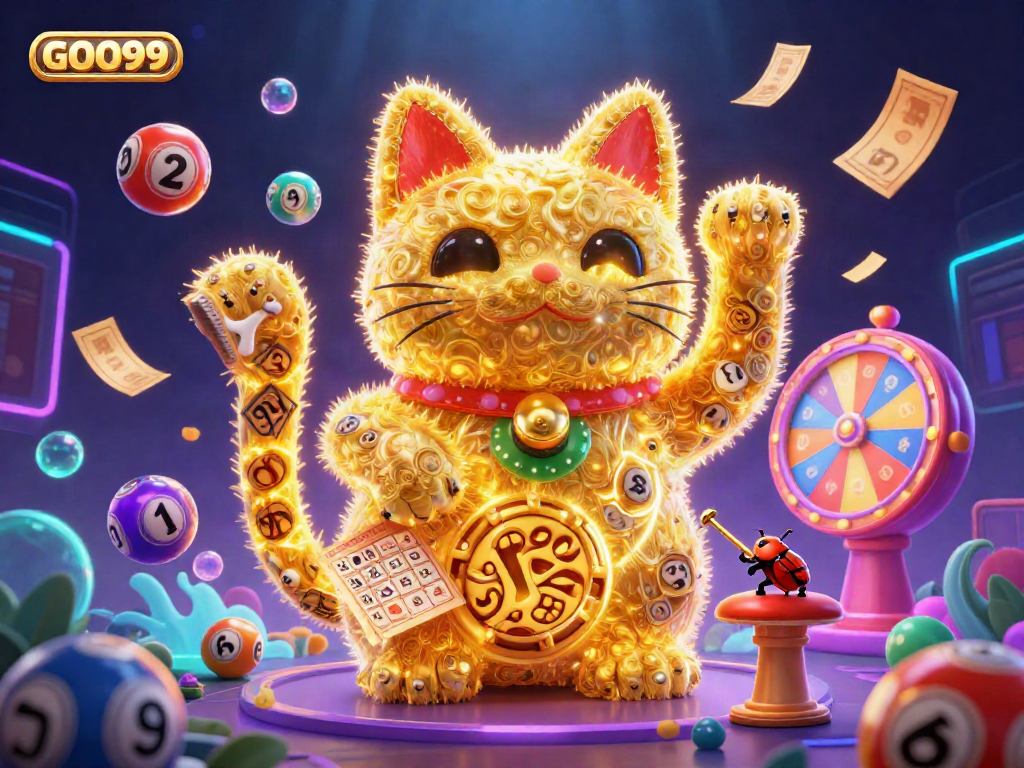 Interact with the dynamic world of GOO99, featuring a golden lucky cat amidst lively casino elements.