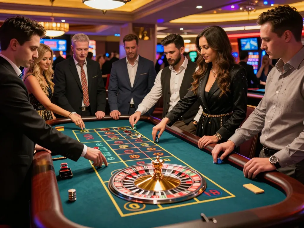 Sc888 players eagerly placing bets at a roulette table in a colorful casino.