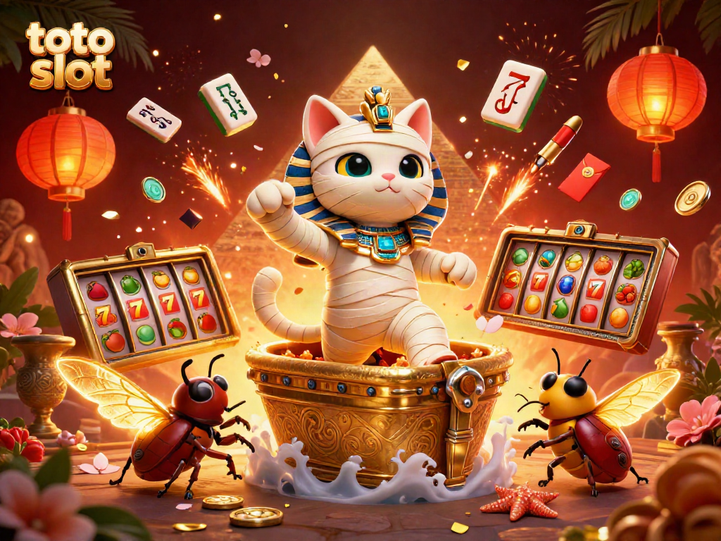 Bermain toto slot dengan karakter kucing mummy, skarab emas, dan elemen permainan kasino yang menakjubkan