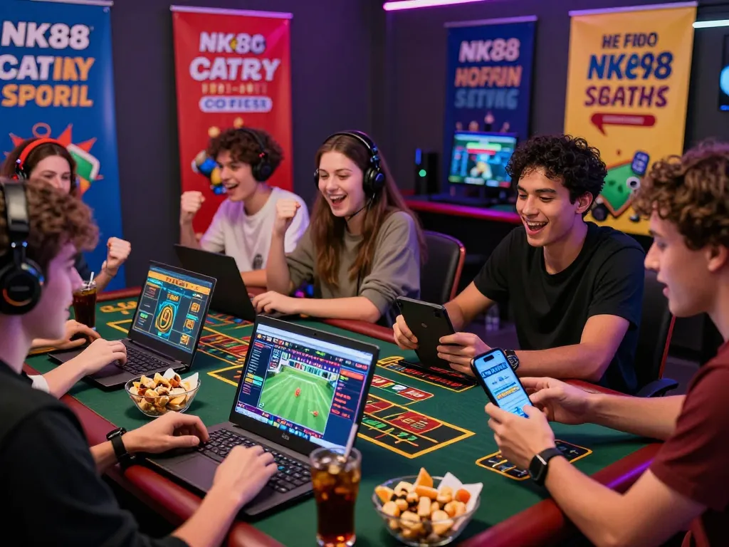 Friends enjoying an interactive online betting experience at NK88 with gaming devices and promotional offers.