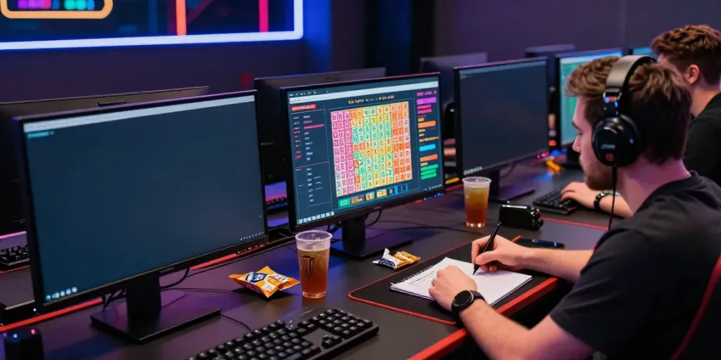 Suasana modern studio perjudian online dengan tampilan layar penuh warna dan pemain yang fokus pada strategi permainan alexistoto.