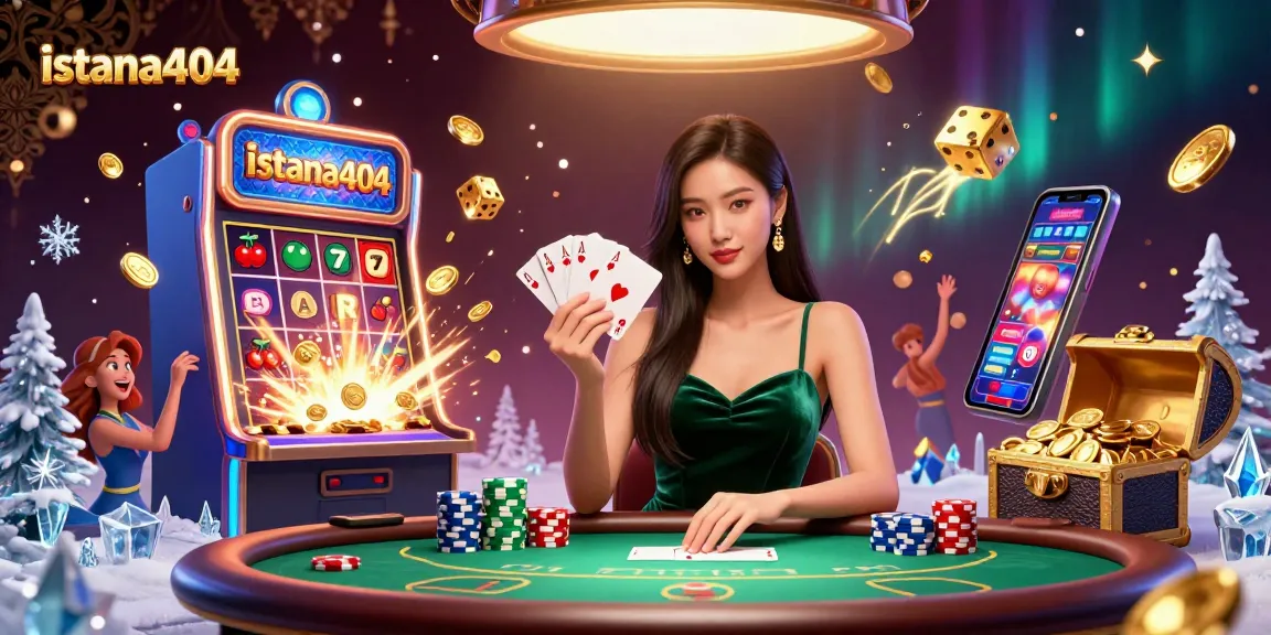 Experience the excitement of istana404 with a stunning poker scene featuring a skilled player at a luxury table amidst a vibrant casino environment.
