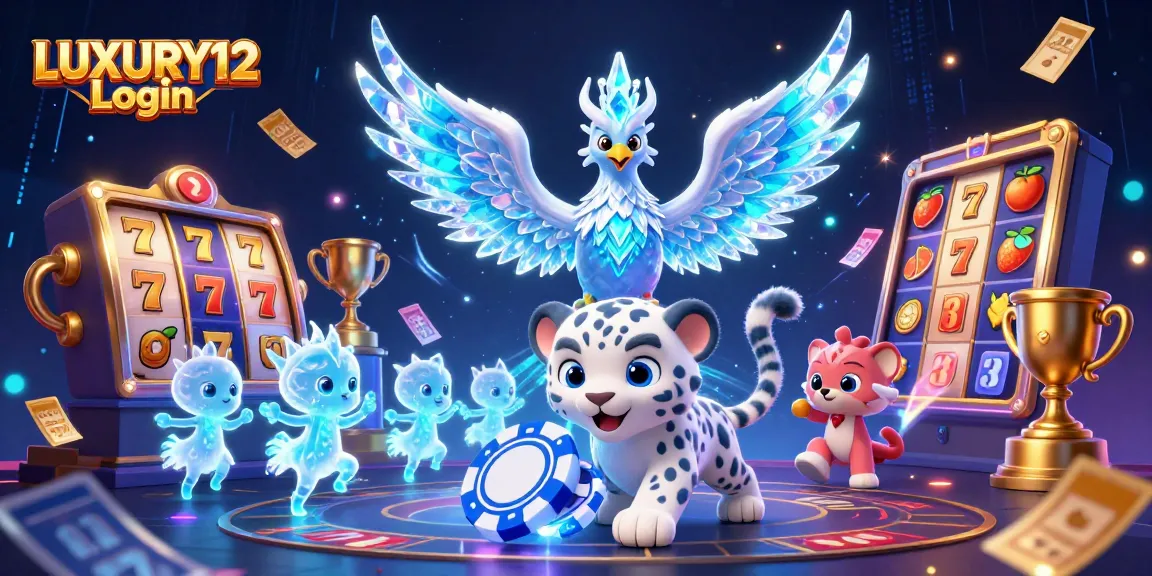 LUXURY12 Login captures the thrill of slots with vibrant characters, spinning reels, and dynamic gaming elements.