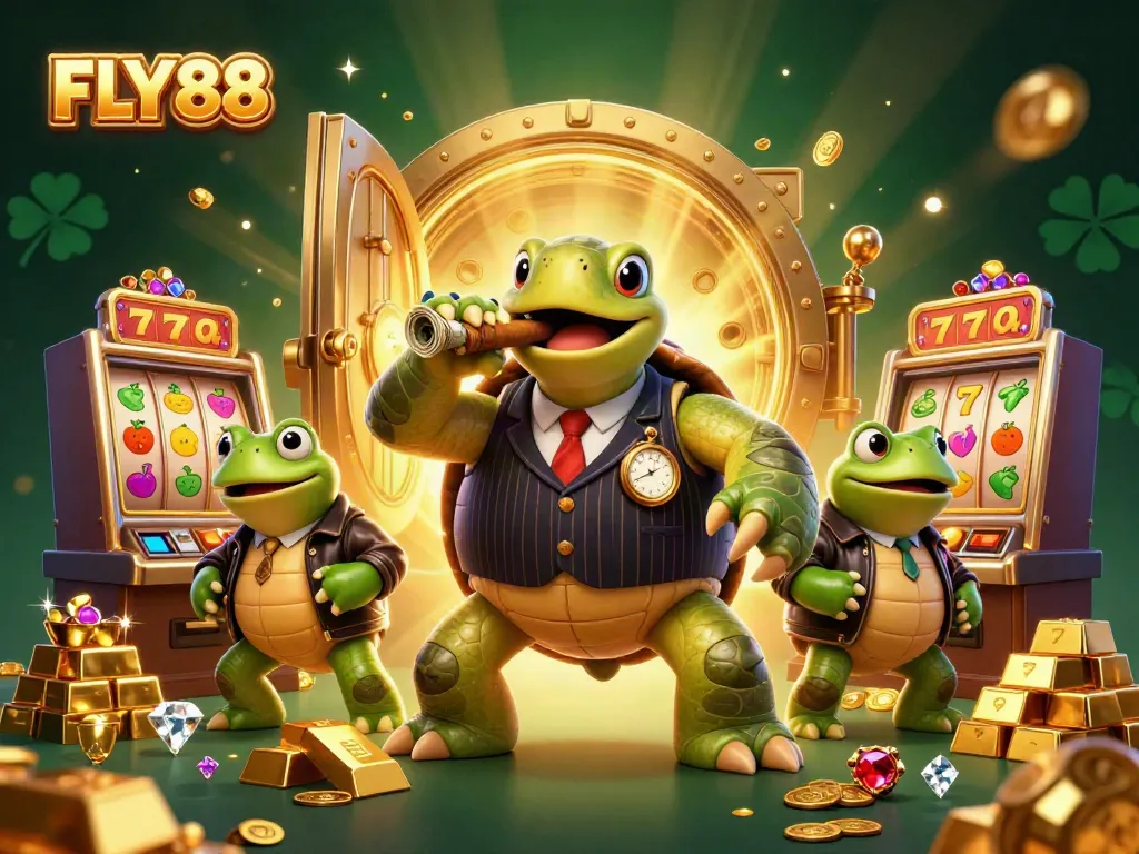 FLY88 slots scene featuring a snapping turtle in a mobster suit and bullfrog enforcers amidst gold treasures.