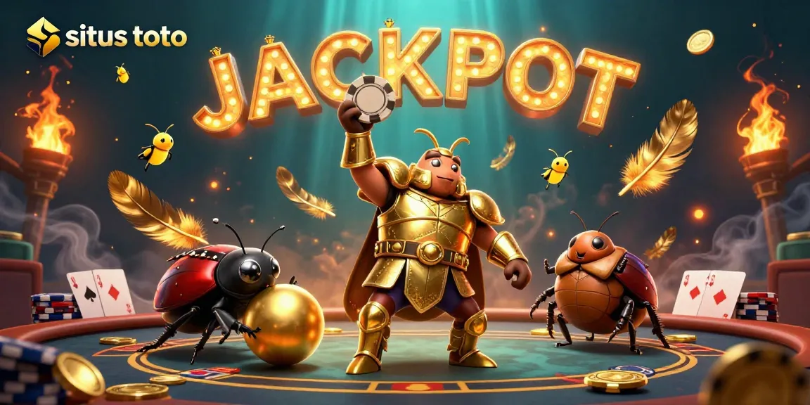 Aktivitas menarik di situs toto dengan karakter serangga fantasi bermain poker dengan efek cahaya dan emas.