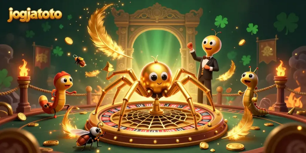 Experience the excitement of jogjatoto as a fly nervously bets at a roulette-themed web spun by a golden spider.