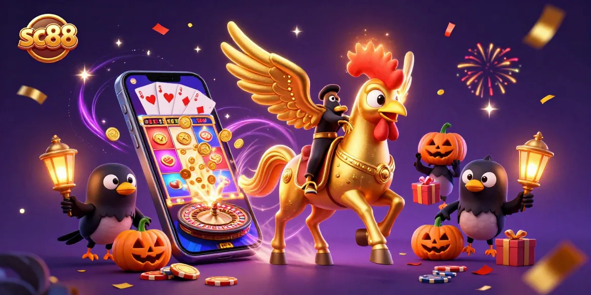 Experience the excitement of sc88 with a vibrant casino scene filled with winning elements and golden details.