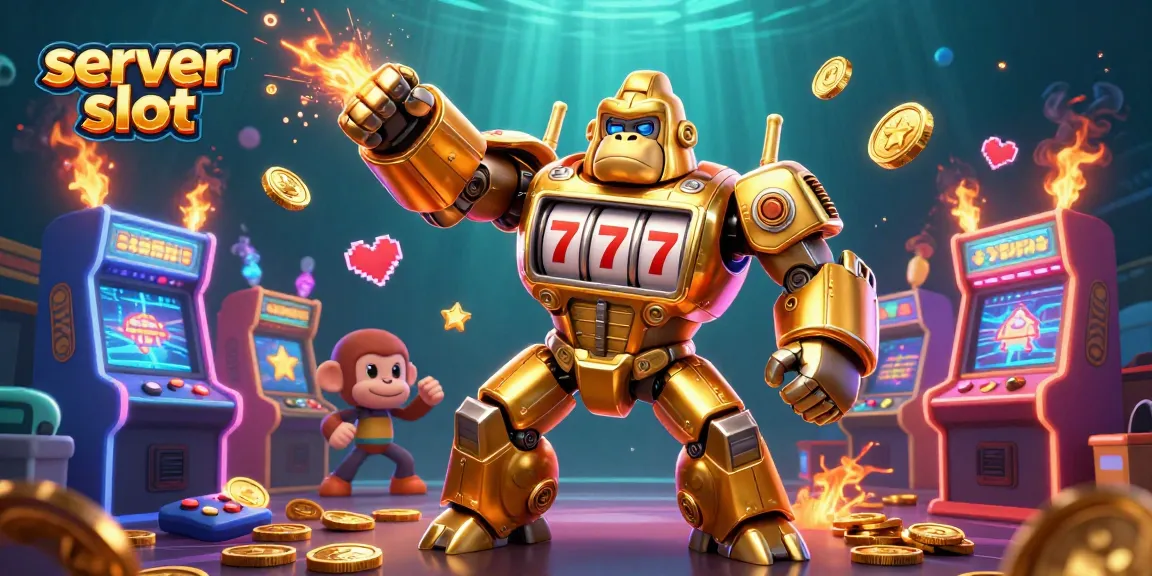 Engage with the vibrant server slot scene featuring a golden gorilla mech amidst exploding coins and arcade games.
