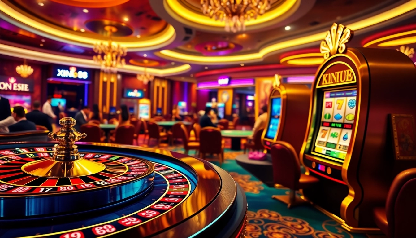 Engage in thrilling gambling at xin88 with vibrant poker tables and luxurious slot machines.