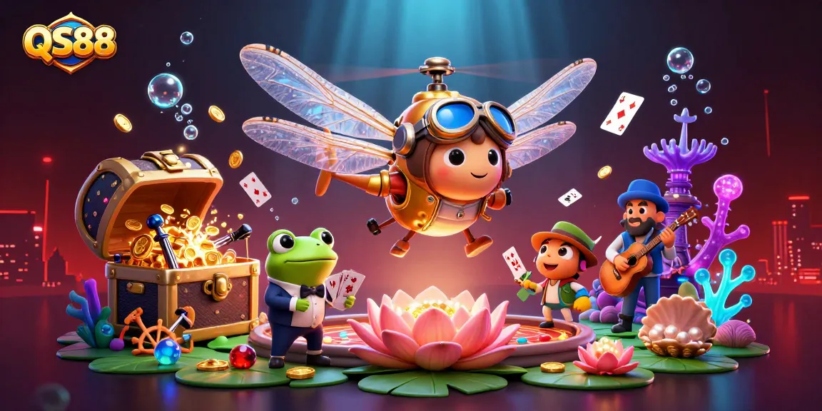Experience exciting gaming at QS88 with a dynamic casino scene featuring vibrant characters and action.