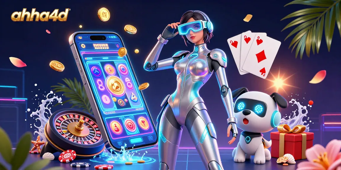 Engage with ahha4d's vibrant casino experience featuring a futuristic woman and robot dog, surrounded by interactive gaming elements.