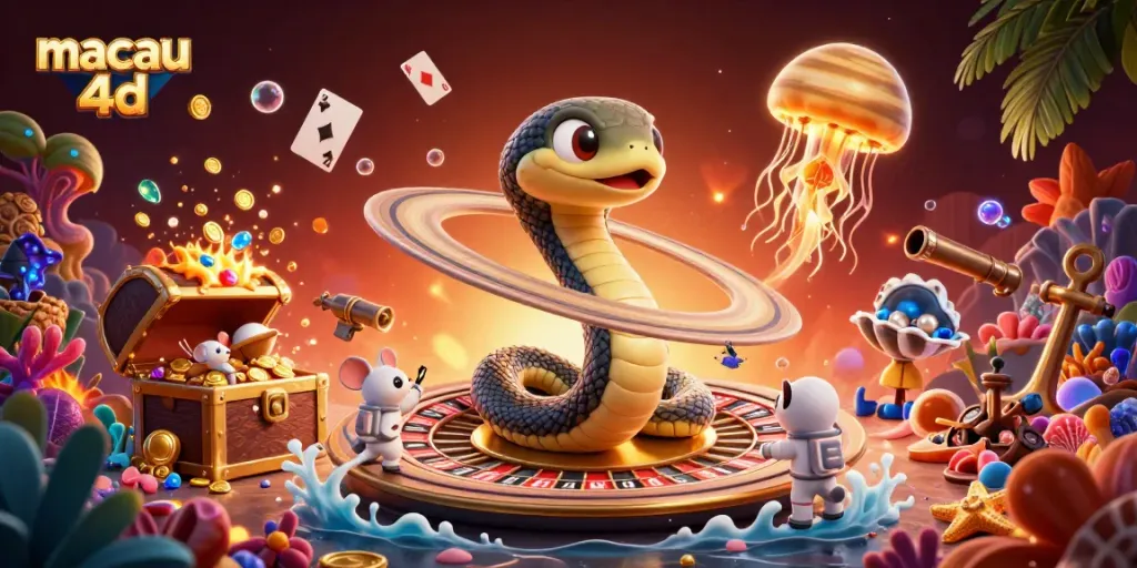 Engaging scene with macau 4d characters betting on a cosmic roulette as vibrant game elements surround them.