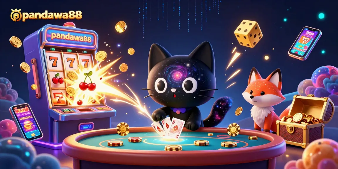 Gambarkan pandawa88 dengan kucing hitam berputar dan anjing nebula di kasino yang ceria.