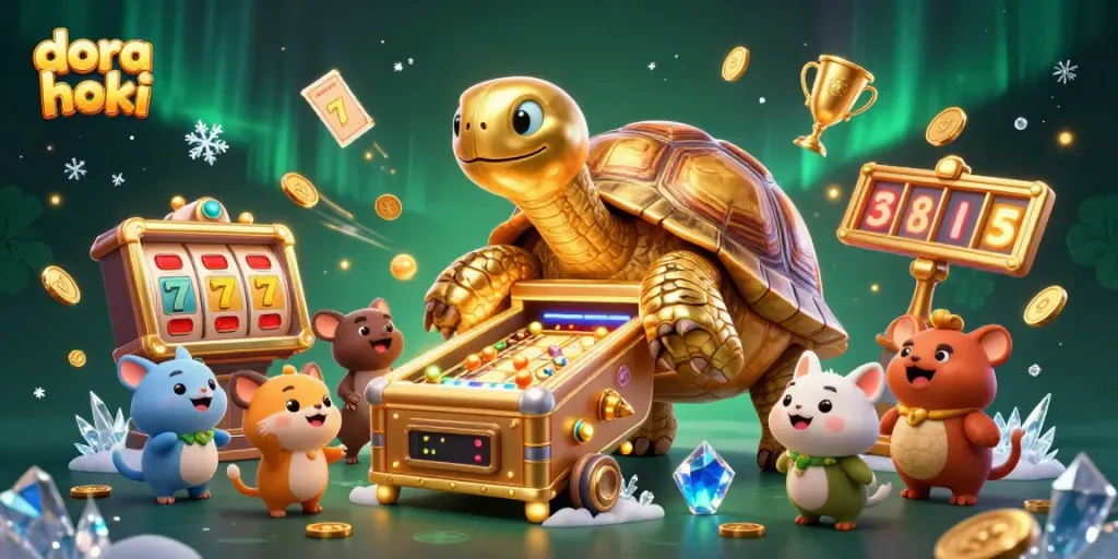 Dora hoki bermain slot dengan karakter kura-kura emas dan bola keberuntungan yang melayang