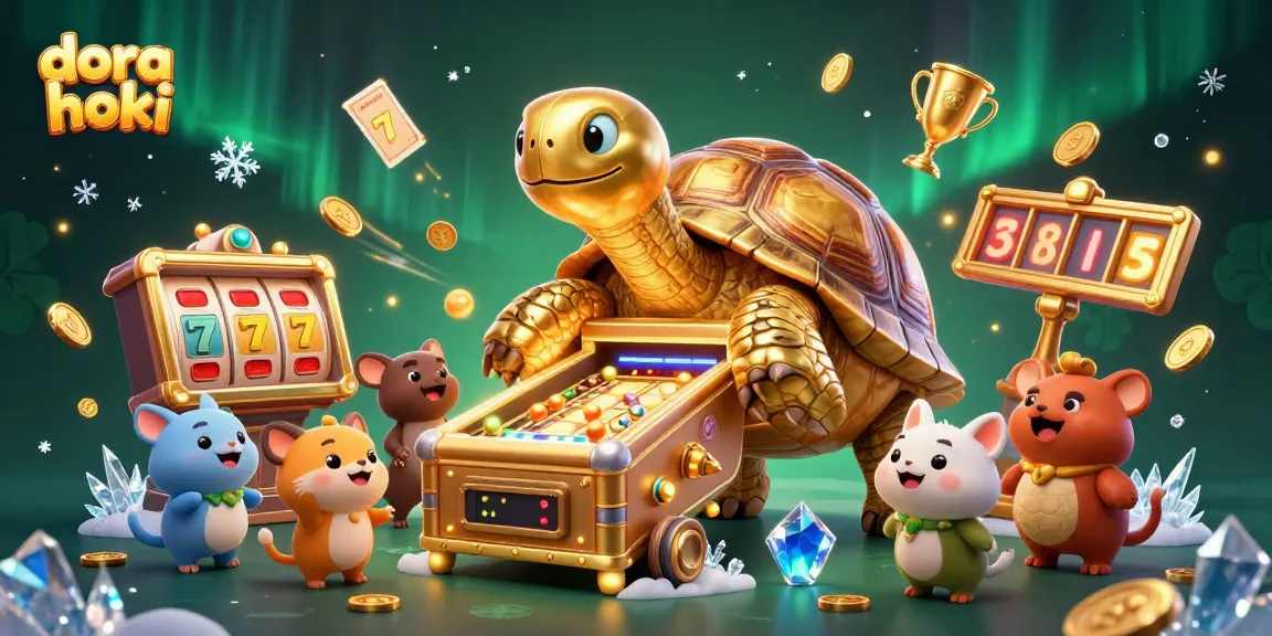 Dora hoki bermain slot dengan karakter kura-kura emas dan bola keberuntungan yang melayang