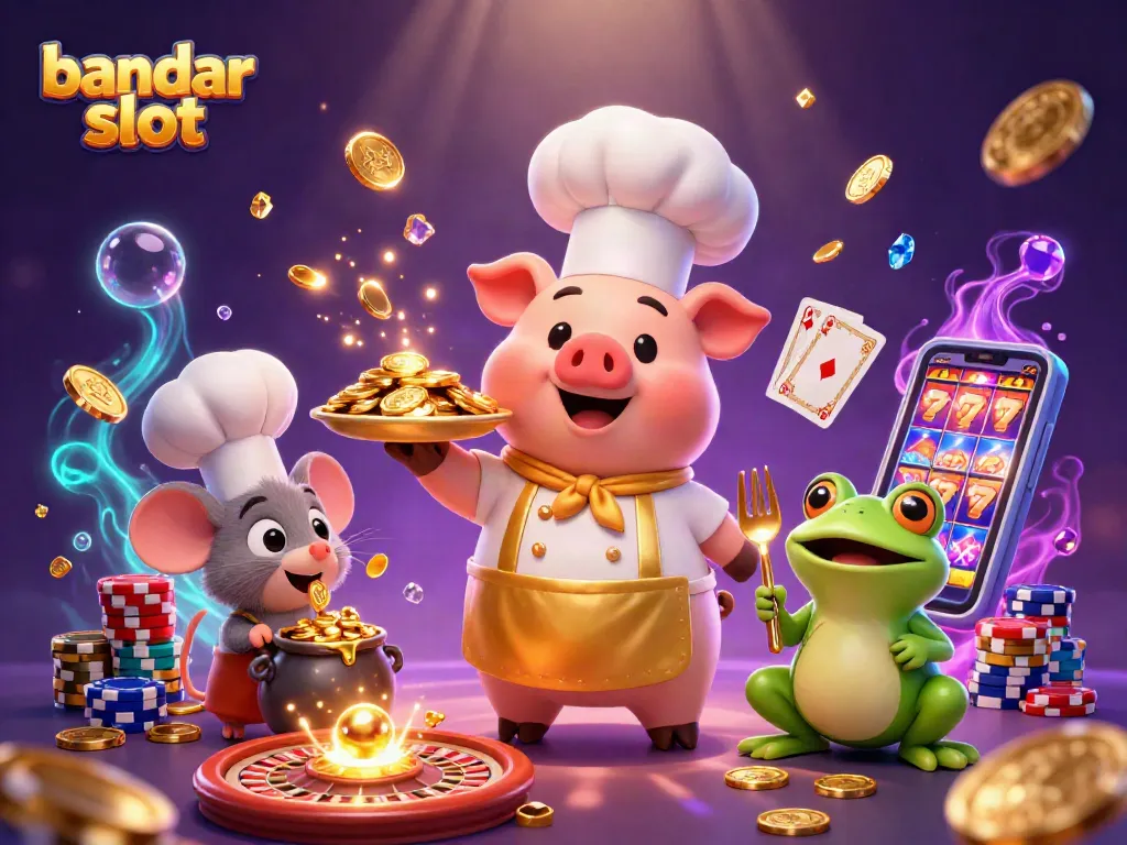 Permainan bandar slot menampilkan chef babi melayani koin emas dan simbol judi lainnya.