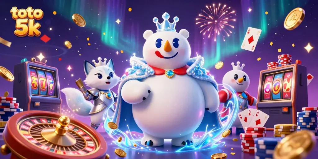 Engage with the vibrant scene of toto 5k, showcasing a royal polar bear and fox amidst golden casino elements.