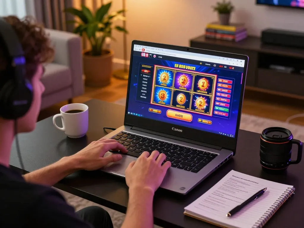 Player enjoying LGOSUPER online slots session in a cozy home setting, showcasing vibrant casino interface on laptop
